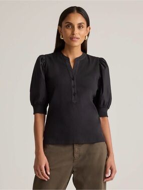Express Black Puff-Sleeve Henley Blouse - Black